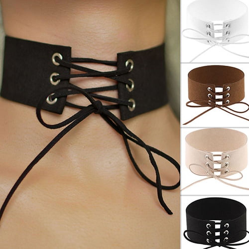 Jiaroswwei Women's Vintage Punk Gothic Lace Up Faux Suede Wide Choker Short Necklace